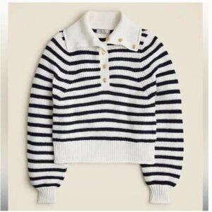 NEW J. Crew Ribbed Cotton Button Collar Sweater L White Navy Blue Stripe CE737
